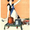 J. Stall's art deco desing with a woman cooking on a new petrole stove, copper pot and blue kettle, a fish being prepared, woman smiling and holding up a finger to sanz gas wording.