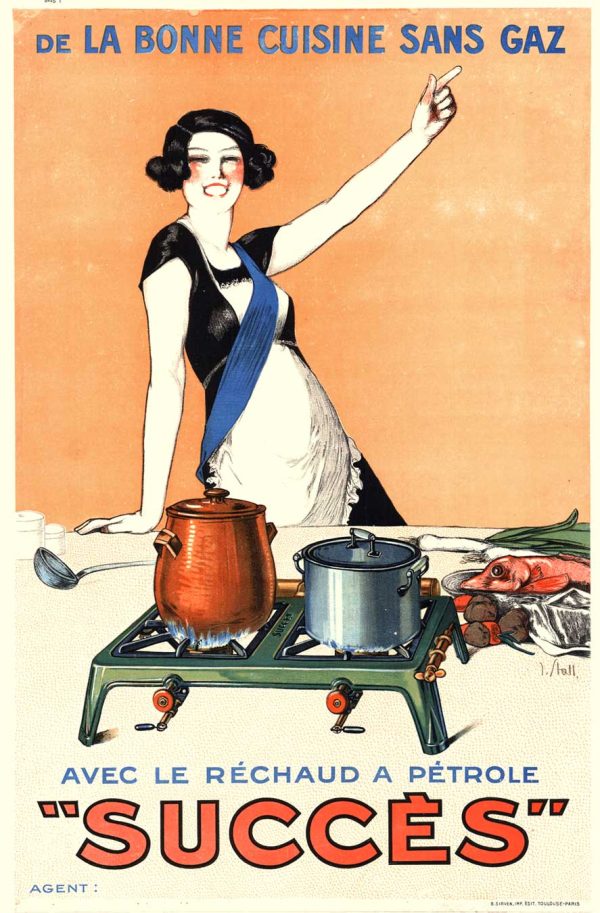 J. Stall's art deco desing with a woman cooking on a new petrole stove, copper pot and blue kettle, a fish being prepared, woman smiling and holding up a finger to sanz gas wording.