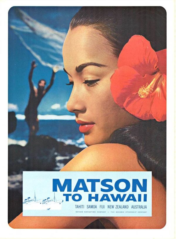 Original Matson Navigation vintage Hawaii travel poster circa 1960s featuring Hawaiian woman with red hibiscus flower and ocean backdrop, authenticated antique offset-lithograph. Linen-backed original poster in very fine condition depicting SS Lurline cruise line luxury.