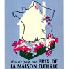 Vintage 1950s French civic poster by P.B. featuring map of France as white house with cascading flowers from window box against blue sky; original lithograph for national horticultural competition organized by La Maison Française, linen-backed.