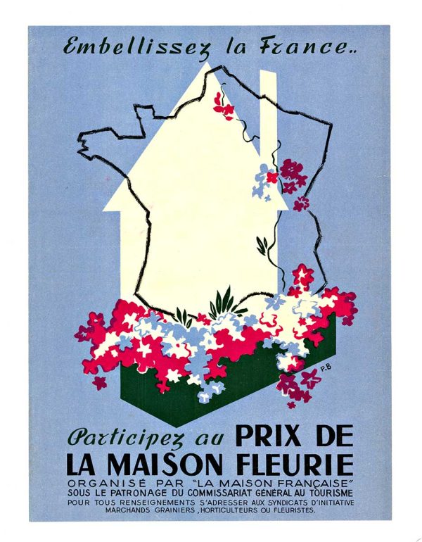 Vintage 1950s French civic poster by P.B. featuring map of France as white house with cascading flowers from window box against blue sky; original lithograph for national horticultural competition organized by La Maison Française, linen-backed.