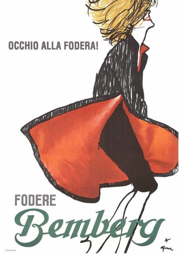 Original 1980 René Gruau Fodere Bemberg Italian poster, "Occhio alla fodera" woman in orange dress, offset-lithograph, IVPDA certified authentic vintage fashion art