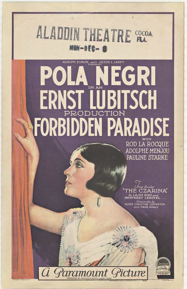 1924 original stone lithograph window card for Forbidden Paradise starring Pola Negri, presented in rich vintage colors with the film title and cast names, archival paper backed and in excellent condition.