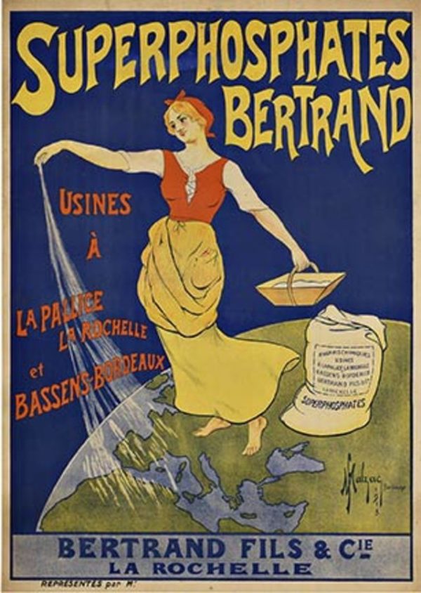 Vintage 1913 French stone-lithograph poster for Bertrand Superphosphates, featuring an elegant woman in flowing yellow skirt and red bodice in Chéret style, gracefully sprinkling superphosphates across the earth with her hands, with golden text reading "BERTRAND" and "USINES À LA PAÏENNE," blue background with printer's fingerprints visible on original stone plate, linen-backed original poster in excellent condition.