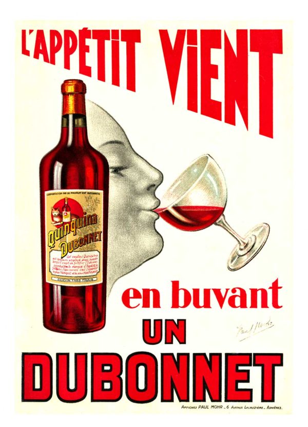 Original Paul Mohr Dubonnet vintage poster from the 1920s, featuring Art Deco design with vibrant red lettering and man sipping from a glass of Quinquina Dubonnet, linen-backed lithograph in excellent condition