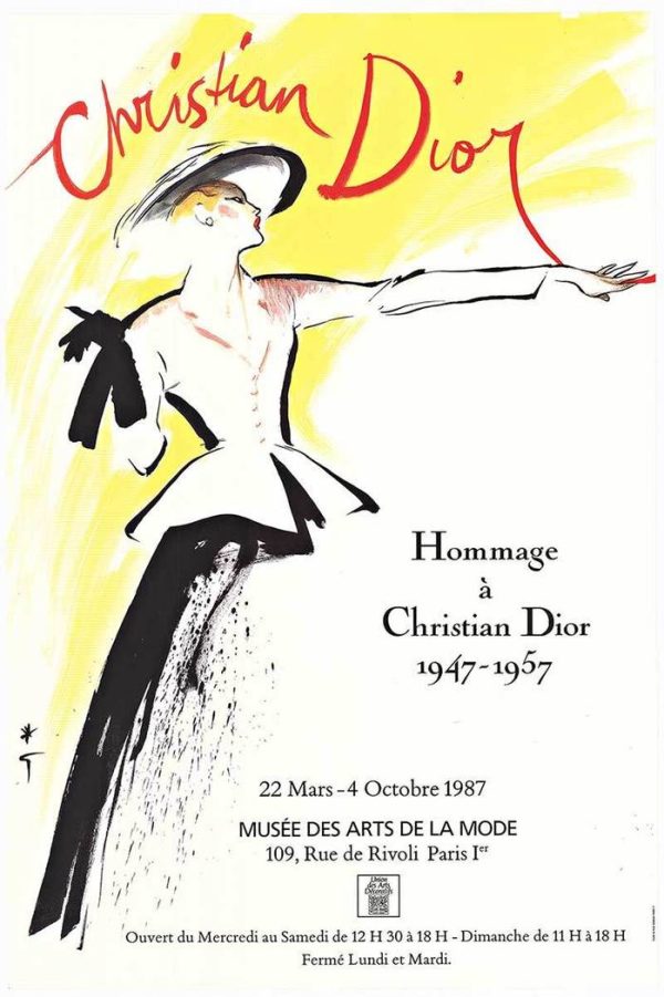 Original 1947–1957 René Gruau Christian Dior Homage lithograph poster, 15.75"×24", linen-backed, mint condition, IVPDA certified fashion art