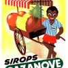 Vintage 1950s French advertising poster featuring a cheerful vendor with a colorful fruit cart displaying apples, pears, and pineapples against a bright yellow background with red-striped storefront awning; vibrant Art Deco design with bold typography in red and green lettering