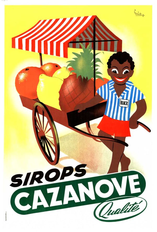 Vintage 1950s French advertising poster featuring a cheerful vendor with a colorful fruit cart displaying apples, pears, and pineapples against a bright yellow background with red-striped storefront awning; vibrant Art Deco design with bold typography in red and green lettering