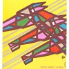 Original circa 1955 Loterie Nationale vintage French lottery poster by Philippe Foré featuring abstract geometric horse racing composition with bold stripes, vibrant yellow, green, orange, and pink colors, Grade A- condition, professionally linen-backed, collectible mid-century French poster art.
