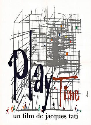 1967 PlayTime (Play Time) French grande poster by René Ferracci and Baudin featuring a grid-like modern cityscape with blue and red title lettering.
