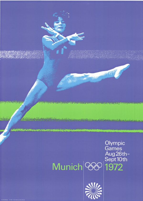 Munich 1972 Olympics gymnastics oversized bus stop format vintage poster in blues and greens, anonymous artists, INV. #11266, archival linen backed and ready to frame