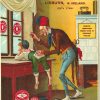 Stone-lithograph poster showing an elderly man in burgundy cap and brown coat carefully stitching the rear seam of a boy's torn blue trousers in a warm domestic interior; rich yellows, reds, and browns dominate the intimate scene with Barbour branding visible throughout.