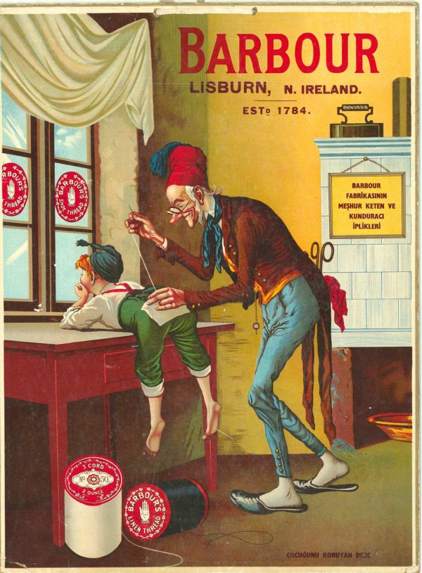 Stone-lithograph poster showing an elderly man in burgundy cap and brown coat carefully stitching the rear seam of a boy's torn blue trousers in a warm domestic interior; rich yellows, reds, and browns dominate the intimate scene with Barbour branding visible throughout.