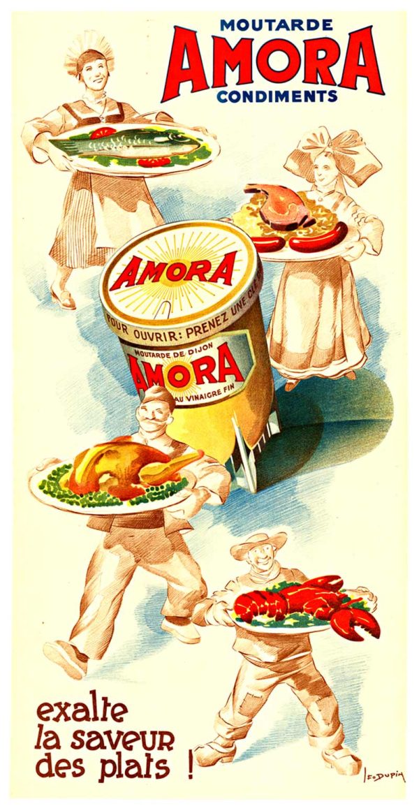 "Original Léon Dupin Amora Art Deco mustard poster, chromolithography on linen-backed paper, featuring red AMORA badge with golden figures and culinary elements, excellent condition, 1920s French advertising design"