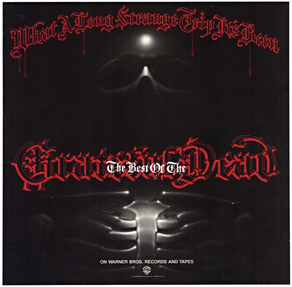 Black vintage Grateful Dead poster with red lettering and a skull with an alien-style rib cage emerging from the dark center, printed by Warner Brothers.