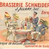 Original Art Nouveau stone-lithograph poster for Brasserie Schneider by Albert Quendray, c. 1900, featuring two gentlemen with maidens in horizontal format, linen-backed, Grade A condition, Brive France brewery advertising