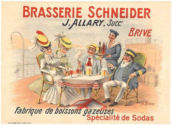 Original Art Nouveau stone-lithograph poster for Brasserie Schneider by Albert Quendray, c. 1900, featuring two gentlemen with maidens in horizontal format, linen-backed, Grade A condition, Brive France brewery advertising