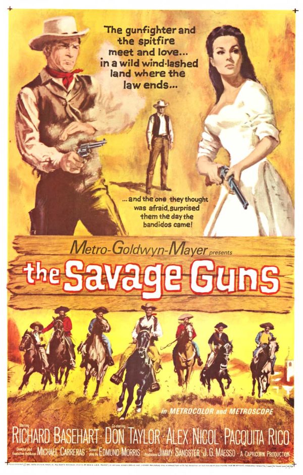 he Savage Guns vintage Western movie poster featuring Metro-Goldwyn-Mayer branding and a group of cowboys with “Metro-Goldwyn-Mayer” and “the Savage Guns” text.