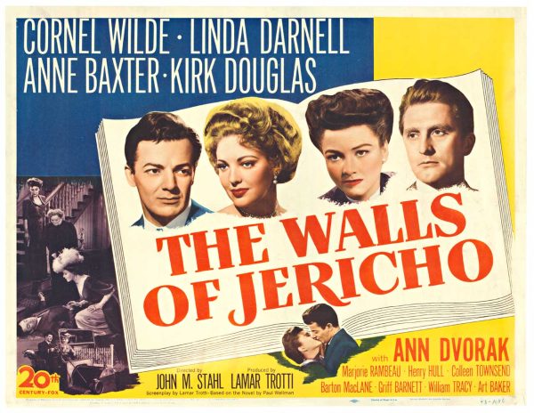 Original 1948 half-sheet movie poster titled “The Walls of Jericho” showing Cornel Wilde and Linda Darnell in an intense battle scene; 22" x 28", archivally linen-backed, very good condition with minor touchups in the lower right corner.
