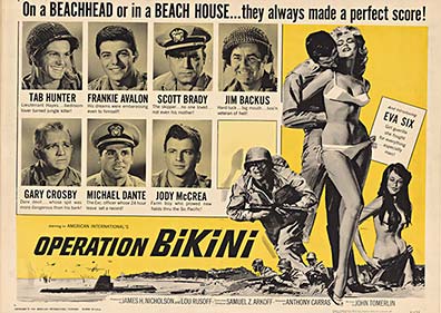 OPERATION BIKINI (1963) vintage movie poster with stars Tab Hunter, Frankie Avalon, Scott Brady, Jim Backus, Gary Crosby, Michael Dante, Jody McCrea, and Introducing Eva Six; “American International Pictures” and NSS 63/90 text; beach-war theme artwork