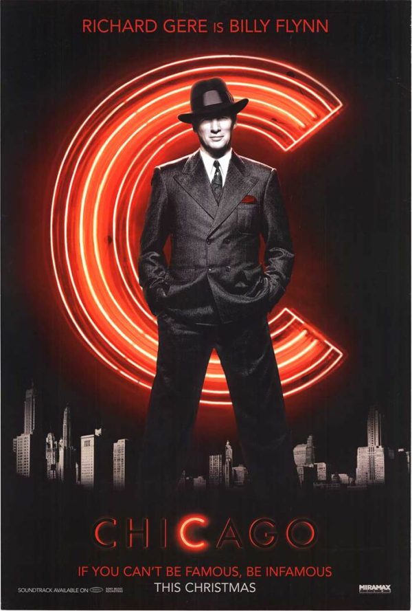Original Chicago vintage one-sheet movie poster, 27 x 40 inches, Richard Gere advance, rolled double-sided, featuring Richard Gere, Catherine Zeta-Jones, Renée Zellweger, Queen Latifah, neon sign theatrical design