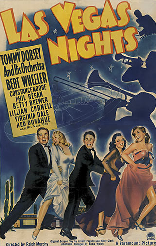 Blue-toned U.S. one-sheet vintage movie poster titled “LAS VEGAS NIGHTS” with a large silhouette of a trumpet/cabaret musician blowing upward on the right, multiple performers and names in the left panel (including “TONY DORSEY” and cast credits), and four full-figure people in the lower center and right; “A Paramount Picture” appears near the bottom.