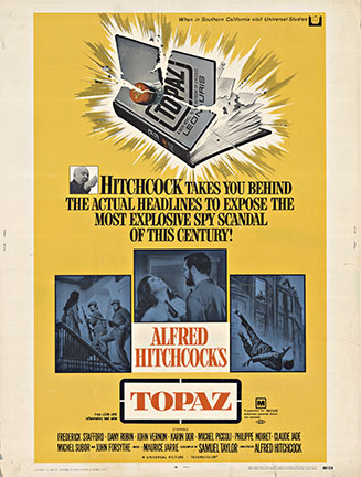 Vintage movie poster for Alfred Hitchcock’s TOPAZ (1969), featuring a bold “TOPAZ!” title and spy-themed headline-style artwork in blue and yellow tones.