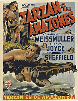 Original Belgian linen-backed vintage film poster for “Tarzan et les Amazones,” starring Johnny Weissmuller, Brenda Joyce, and Johnny Sheffield, RKO Radio Films, excellent condition.