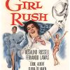 Linen-backed 1955 vintage film poster for “The Girl Rush” starring Rosalind Russell and Fernando Lamas, Paramount Pictures, NSS 55/329, bright vibrant red and colorful cast artwork.