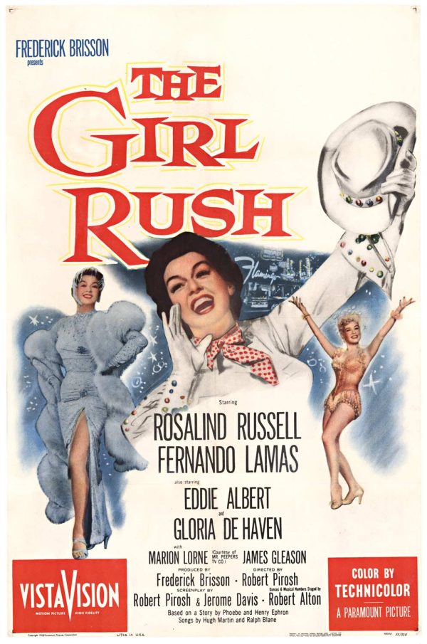 Linen-backed 1955 vintage film poster for “The Girl Rush” starring Rosalind Russell and Fernando Lamas, Paramount Pictures, NSS 55/329, bright vibrant red and colorful cast artwork.