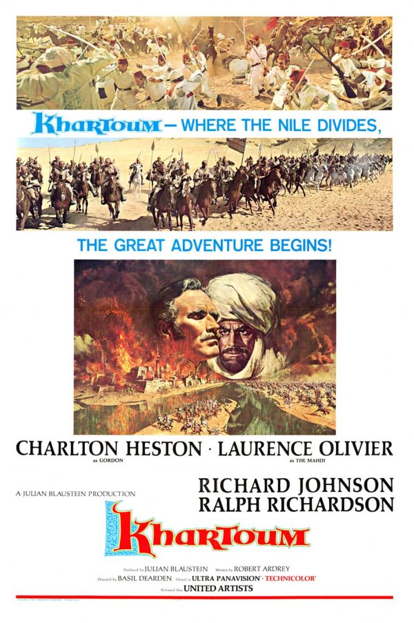 1960s vintage US 1-sheet movie poster titled “KHARTOUM,” featuring a wide desert/soldier scene across the top with the tagline “WHERE THE NILE DIVIDES,” a large dramatic mural showing the face of Charlton Heston/General Gordon and a second figure in the center, the headline “THE GREAT ADVENTURE BEGINS!” near the top, and cast names including “CHARLTON HESTON,” “LAURENCE OLIVIER,” and other credited actors near the bottom