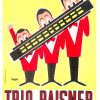 Original Trio Raisner French vintage music poster featuring two musicians playing oversized harmonicas, with bold red and yellow graphic styling and the title ‘TRIO RAISNER’ in vintage lettering.”