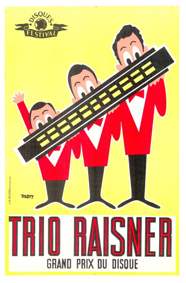Original Trio Raisner French vintage music poster featuring two musicians playing oversized harmonicas, with bold red and yellow graphic styling and the title ‘TRIO RAISNER’ in vintage lettering.”