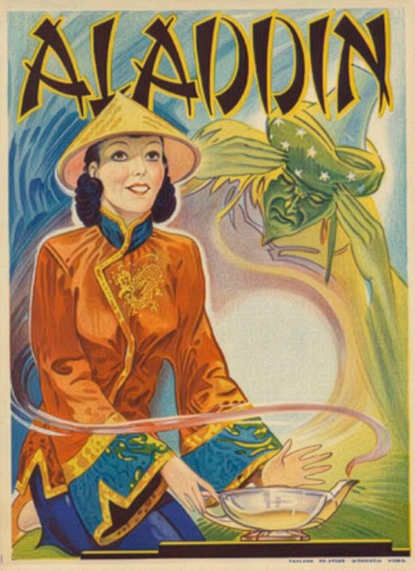 Original vintage Aladdin stone-lithograph fairy tale poster from circa 1920, linen-backed, featuring woman rubbing magic lamp with genie in background, rare collectible theater entertainment poster