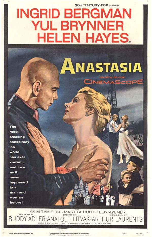 OOriginal 1956 Anastasia one-sheet movie poster, 27 x 41 inches, offset-lithograph, linen backed, Ingrid Bergman Yul Brynner Helen Hayes 20th Century Fox