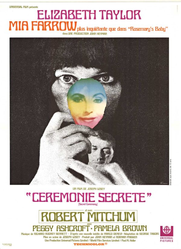 1968 Cérémonie Secrète (Secret Ceremony) French grande poster featuring a grainy black-and-white face partially covered by a vivid multicolor overlay.