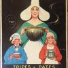 Original 1930s French Pharamond Tripes & Pates restaurant advertising cartone lithograph; theatrical figure with oversized headdress and two children holding bowls; mounted on thin cardboard backing, Les Halles Paris advertising imprint, vintage condition with period patina.