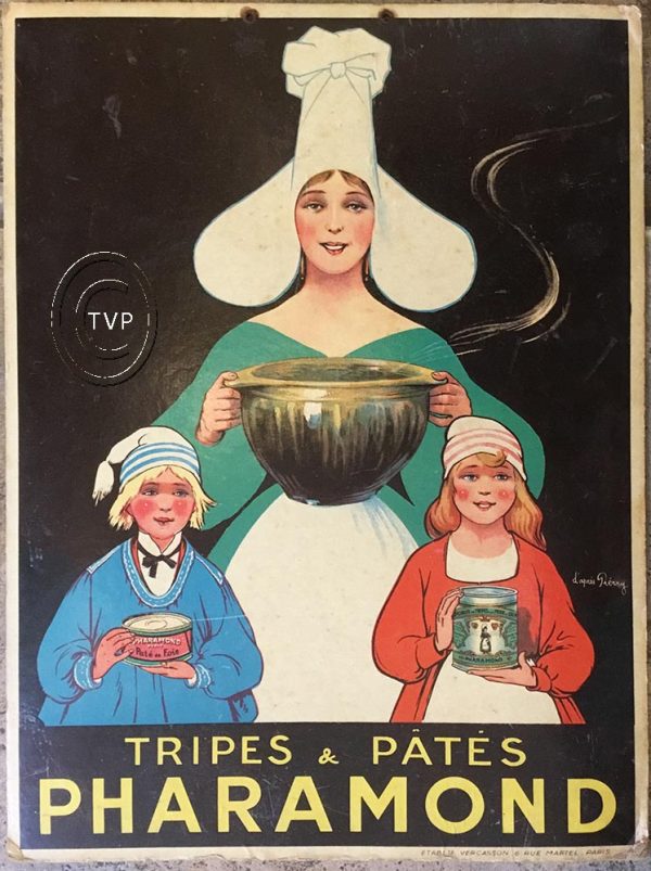 Original 1930s French Pharamond Tripes & Pates restaurant advertising cartone lithograph; theatrical figure with oversized headdress and two children holding bowls; mounted on thin cardboard backing, Les Halles Paris advertising imprint, vintage condition with period patina.