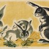 Original rabbits vintage poster, children's lithograph panel from c. 1920s-1930s featuring multiple rabbits and hares in varied poses eating and standing against golden background; authentic antique children's room poster, linen-backed, horizontal format.
