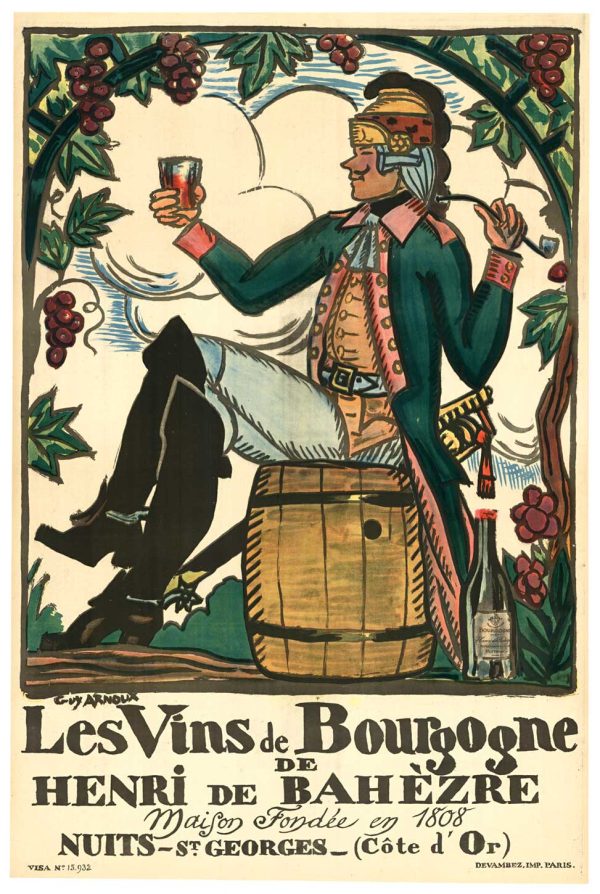 Henri de Bahèzre Nuits-Saint-Georges, featuring elegant gentleman with wine barrel and grape vines, printed by Devambez Paris, linen-backed vintage advertising art