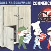 Original 1950s French stone-lithograph poster for GEL commercial refrigerator cabinets; features three cheerful cartoon gentlemen in Art Deco style carrying culinary provisions (steak, milk, cheese, produce) against vibrant blue background with product branding; artist Omnes, 46" × 30" horizontal format, linen-backed original in Grade A condition.