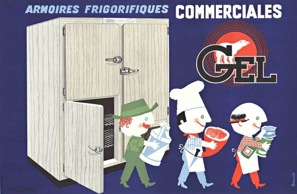 Original 1950s French stone-lithograph poster for GEL commercial refrigerator cabinets; features three cheerful cartoon gentlemen in Art Deco style carrying culinary provisions (steak, milk, cheese, produce) against vibrant blue background with product branding; artist Omnes, 46" × 30" horizontal format, linen-backed original in Grade A condition.
