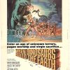 Vintage movie poster “When Dinosaurs Rule The Earth” with the tagline about pagan worship and virgin sacrifice, Alastair MacLean? (book/title text) style typography, and dinosaur-themed artwork with a group of people and creatures in a fiery landscape; includes top and bottom promotional text and credits.