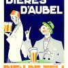 Odette Servais Bieres D'Aubel 1938 vintage Art Deco Belgian beer poster featuring green-hatted bon vivant and dapper gentleman with beer glasses, original lithograph