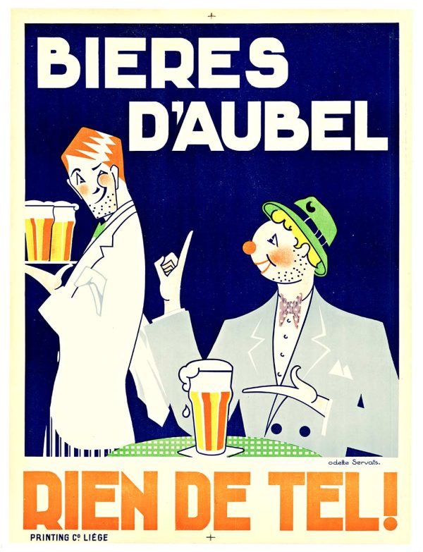 Odette Servais Bieres D'Aubel 1938 vintage Art Deco Belgian beer poster featuring green-hatted bon vivant and dapper gentleman with beer glasses, original lithograph