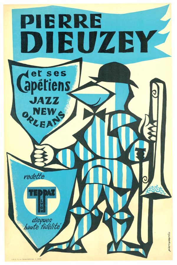 “Pierre Merlin Pierre Dieuzey et ses Capetiens original 1959 vintage jazz lithograph poster, featuring a costumed trumpet player in blue and black graphics on unbleached cream paper.”