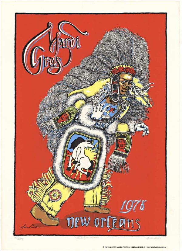 Mardi Gras New Orleans 1978 vintage serigraph poster by Maria Laredo featuring a Mardi Gras Indian figure in full head gear holding a shield with a horse, with detailed Indian decoration on the footwear; signed and numbered; linen backed.