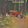 Original c.1912 lithograph poster for Automobili Aquila Italiana and Pneumatici Pirelli featuring a red touring car speeding through a forest, linen-backed, 6.5 x 9.5 inches.