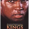 "Close-up of Muhammad Ali's face, glistening with sweat, looking intensely forward. The title 'MUHAMMAD ALI WHEN WE WERE KINGS' is visible below his chin. The poster captures Ali's determination and strength."