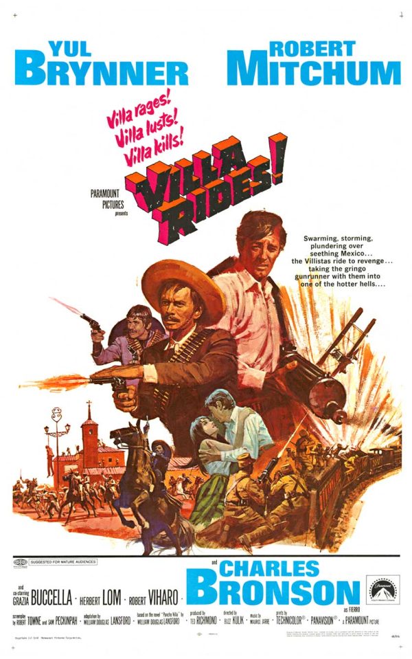 1969 Unknown (studio-issued) Villa Rides! US one sheet film poster featuring Yul Brynner and Robert Mitchum, with angular red-and-black title lettering, layered revolutionary battle vignettes, rifles and gunfire cues, and a warm desert-toned composition.